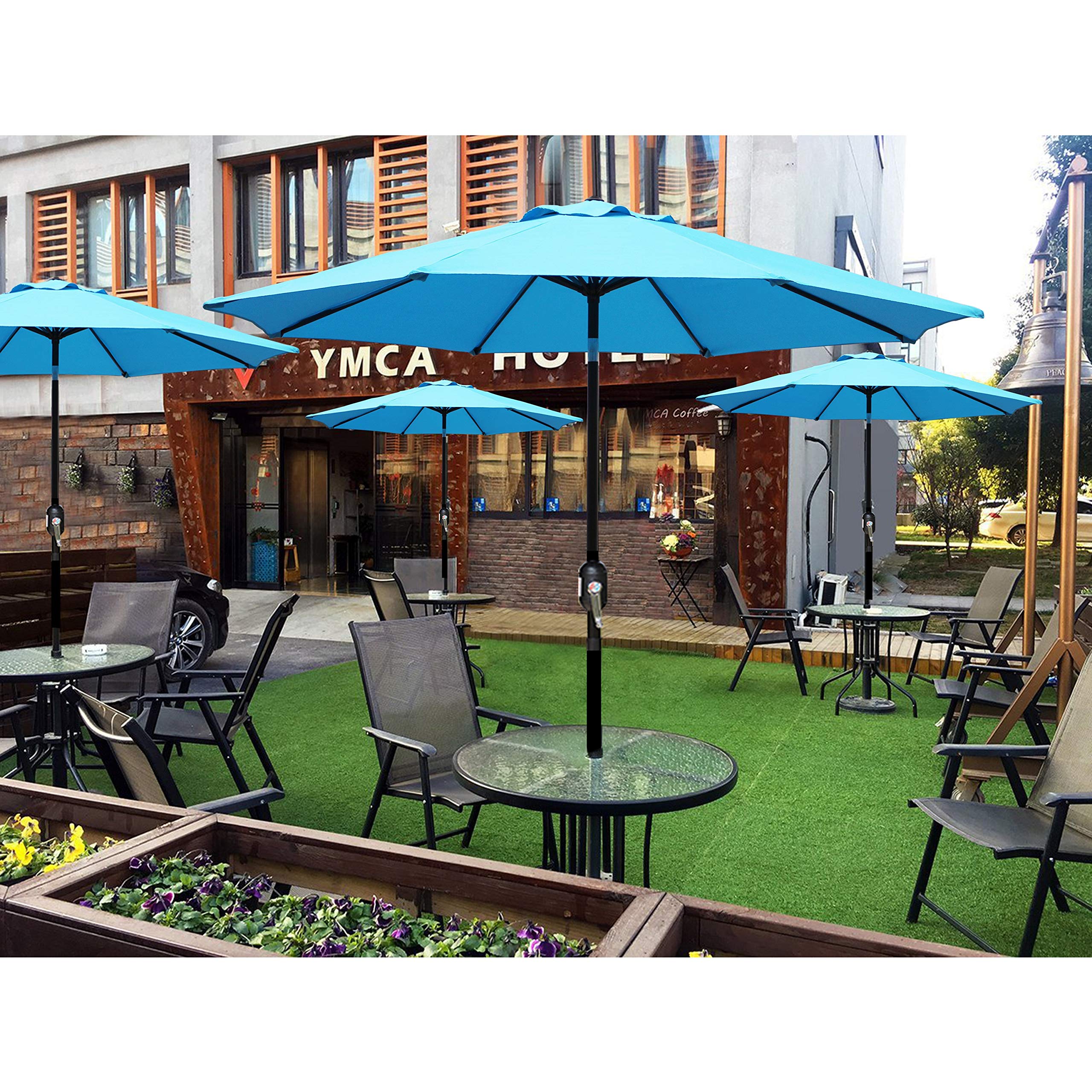 Mua Blissun 9 Outdoor Aluminum Patio Umbrella Market Striped Umbrella With Push Button Tilt And Crank Light Blue Tren Amazon Má»¹ Chinh Hang 2020 Fado