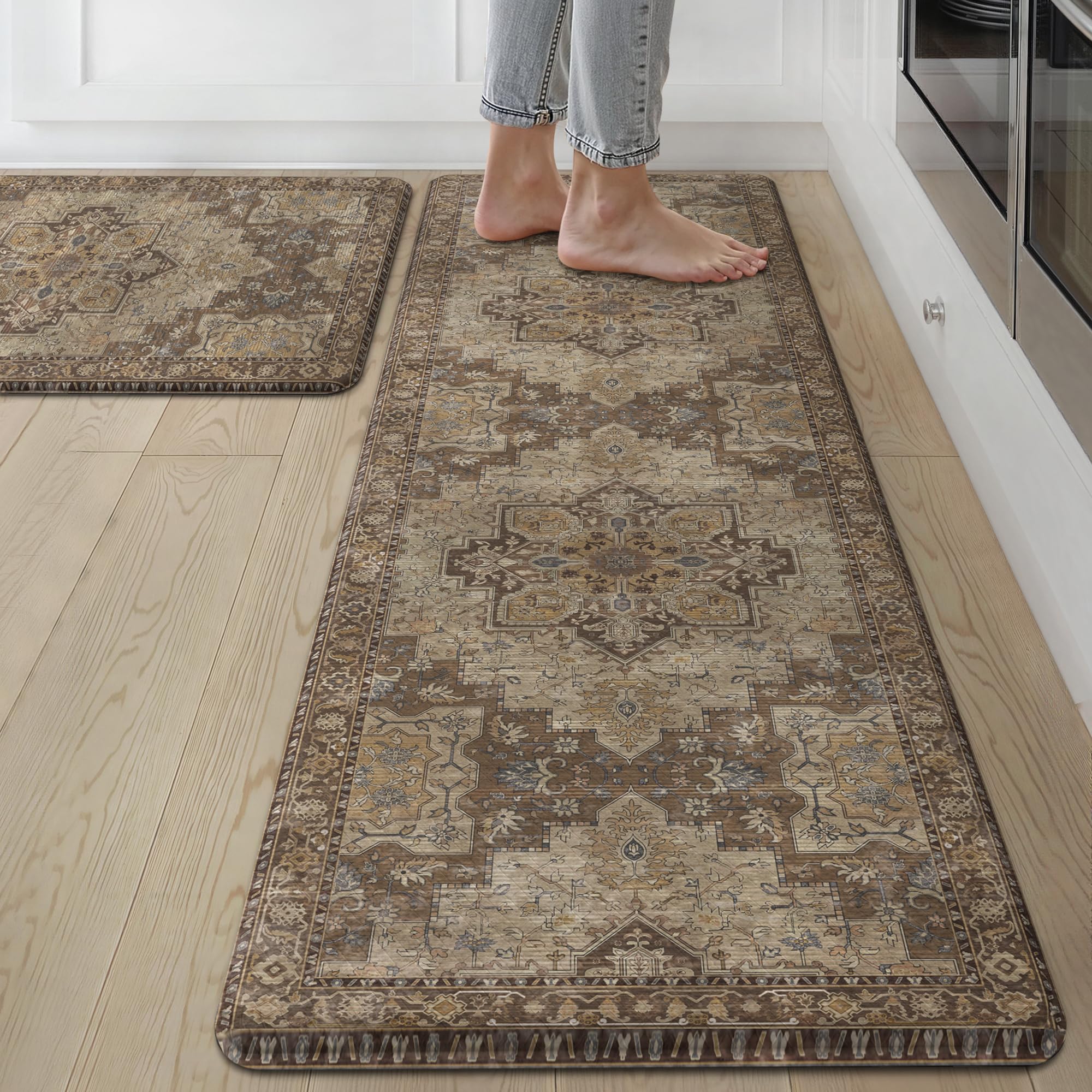 Photo 1 of GENIMO Kitchen Mats for Floor 2PCs, Washable Anti Fatigue Mat for Cushioned, 17.3"x59"+17.3"x30", Waterproof Kitchen Rugs, Non Slip Comfort Standing Mat Rug for Home, Sink, Laundry, Rustic Brown
