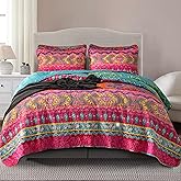 BUPIRD Bohemian Quilt Set Queen 3 Pieces Soft Microfiber Lightweight Colorful Bedspread Quilt Bohemian Bedding Set Exotic Yellow Orange Boho Quilt Set 1 Quilt and 2 Pillow Shams for All Season