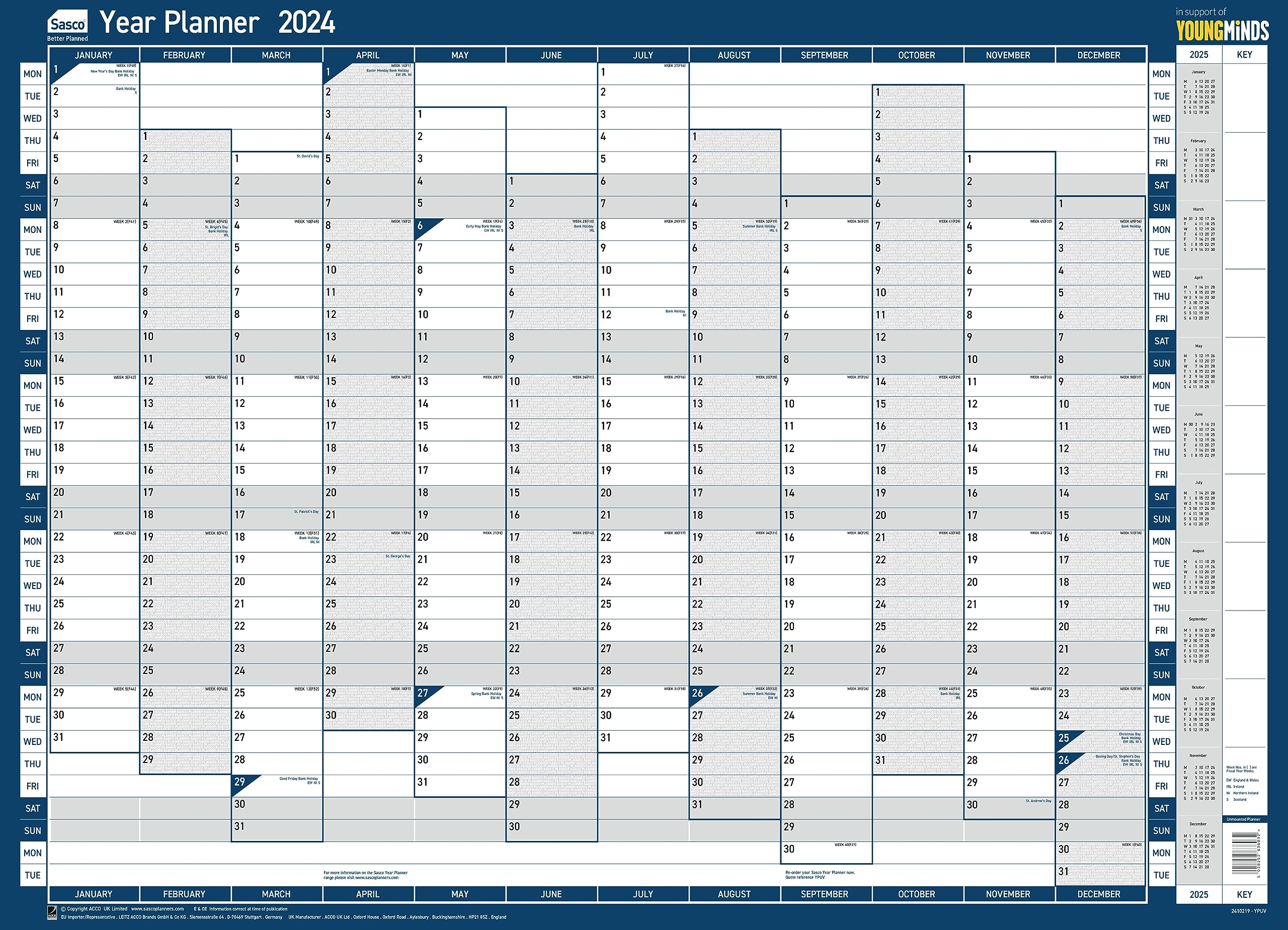 Sasco 2024 Vertical Yearly Wall Planner Set, Paper Whiteboard Poster Style Dry Erase Calendar, Large Wall Planner with Dry Erase Pen & Stickers, Wall Chart & Office Notice Board, Blue, 915 x 610mm
