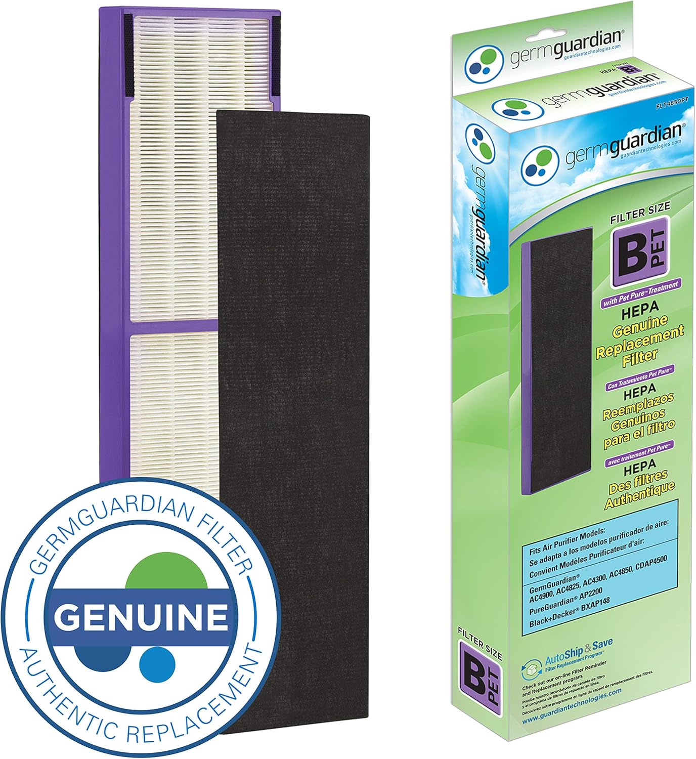 Germ Guardian FLT4850PT True HEPA Genuine Air Purifier Replacement Filter B, with Pet Pure Treatment for GermGuardian AC4900, AC4825, AC4850PT, CDAP4500, AC4300, and More, 1 Count (Pack of 1): Health & Personal Care