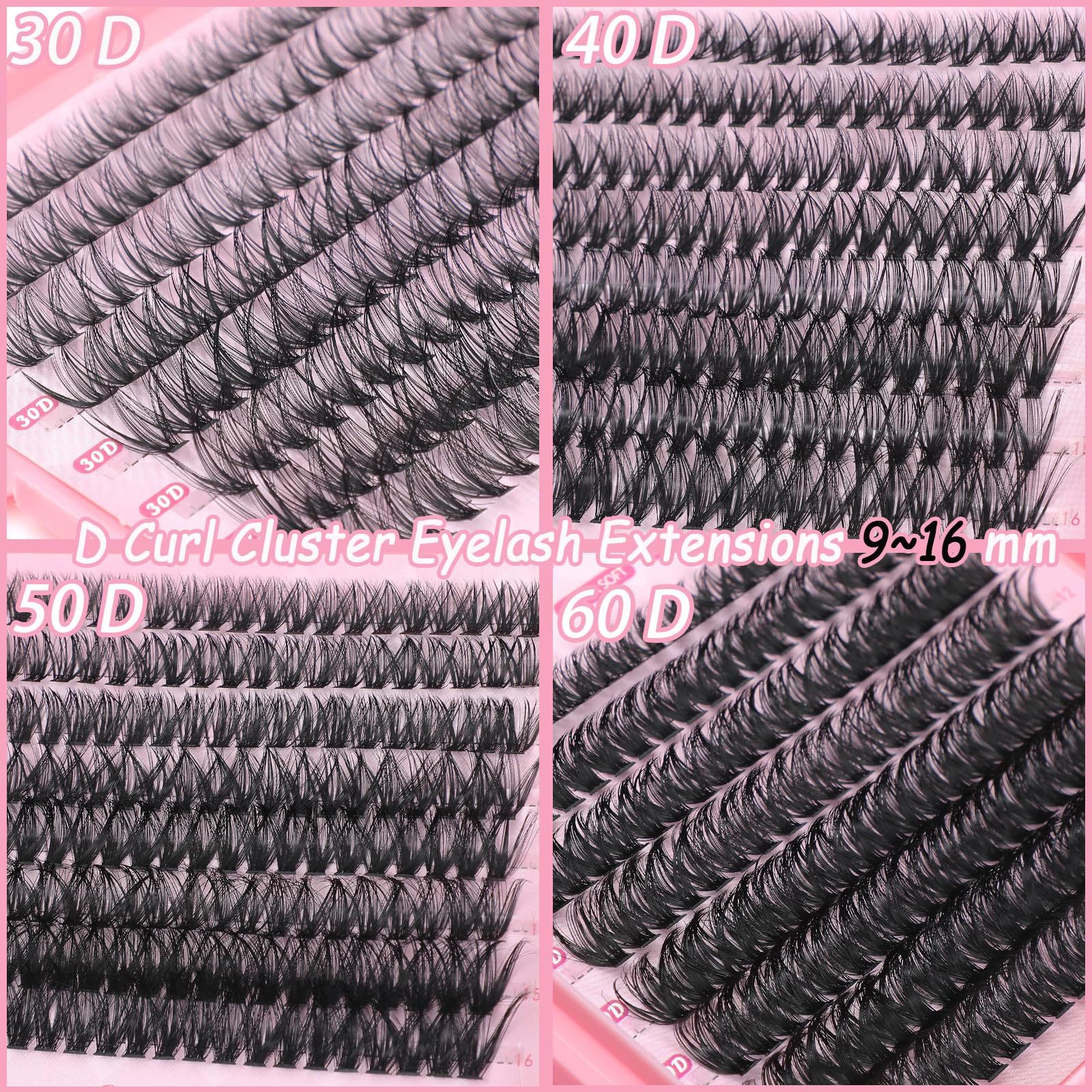 OLLAVO Lash Clusters Kit, 640 Pcs Eyelashes Clusters Extensions Kit 9-16mm Individual Lashes D Curl Fluffy Wispy False Eyelashes Thin Band, with Bond Seal Tweezers Brush DIY (30D+40D+50D+60D Kit 9-16mm)