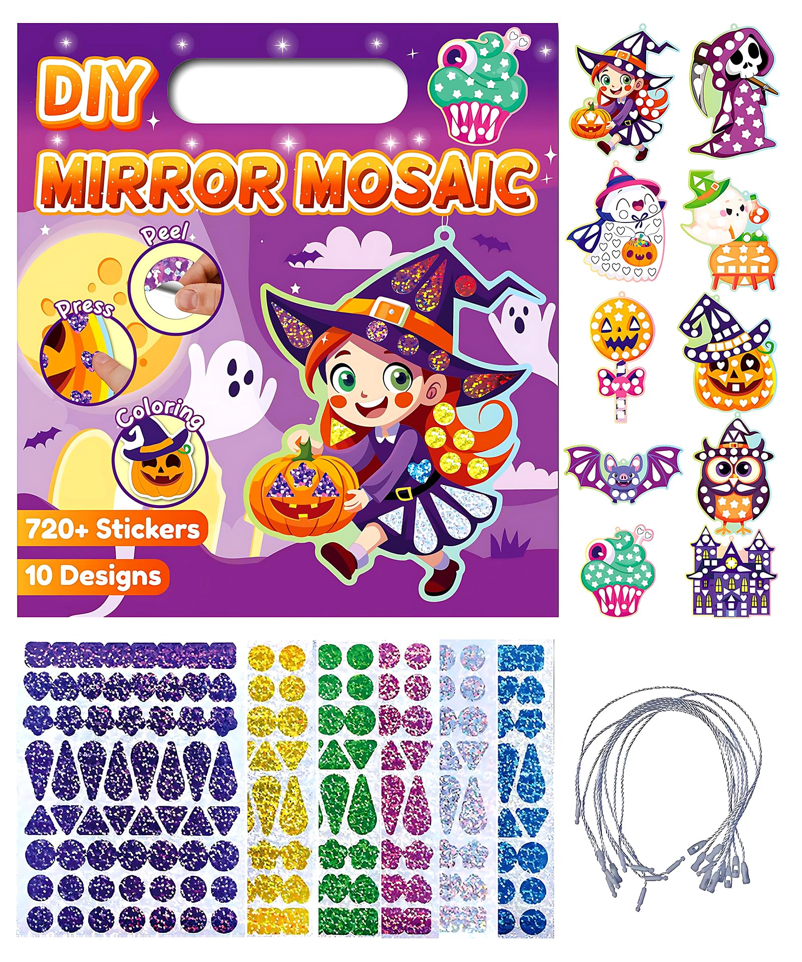 Daity Mosaic Kit Halloween Magic, Kids Stickers Set, Self-Adhesive DIY Craft for Children 3+, 720+ Foil Stickers, Easy Peel and Stick, Foil Art Activity, Birthday Party Favors
