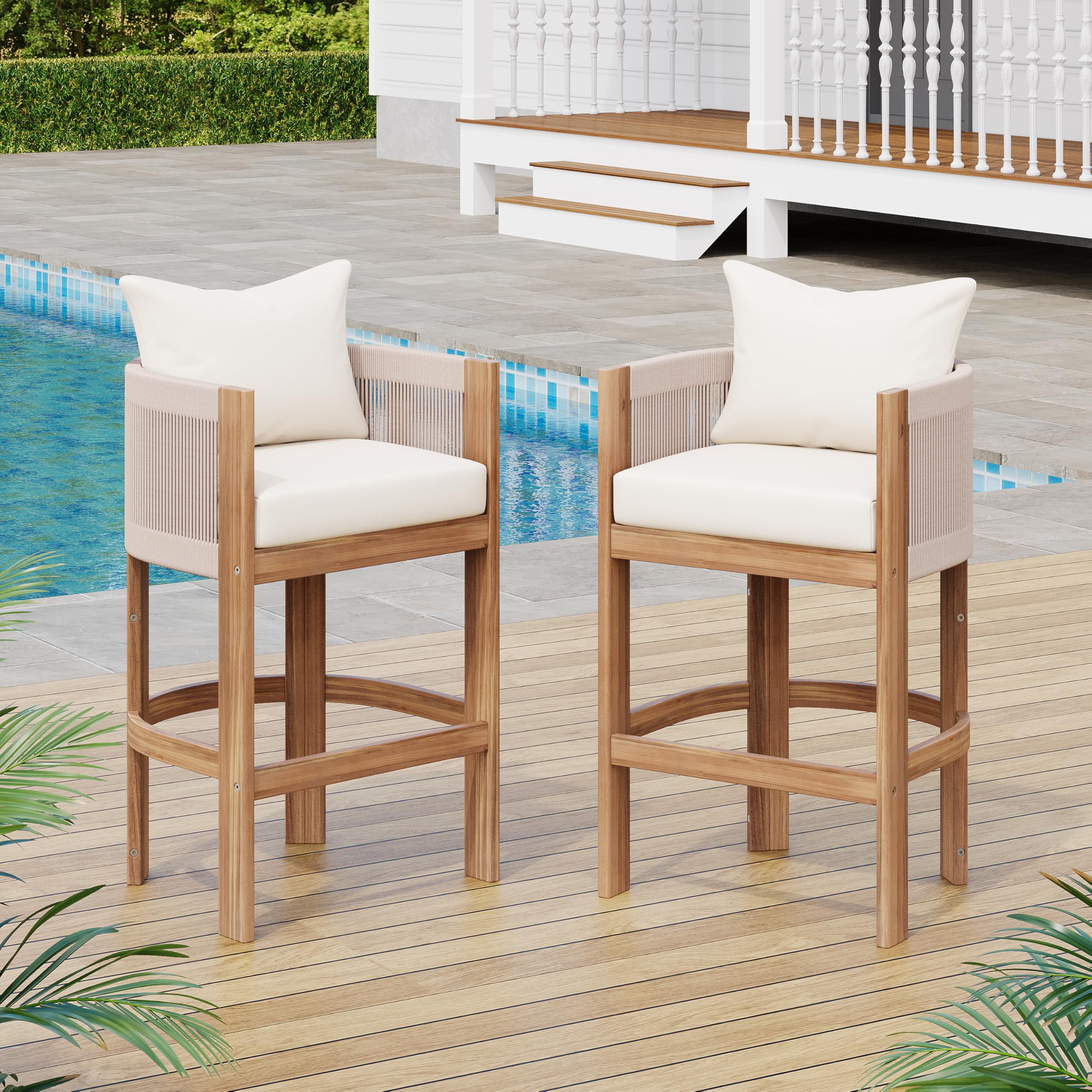 Photo 1 of ********************Missing cushions and some hardware************
Christopher Knight Home Matera Outdoor Counter Height Bar Stools Set of 2, Barstool for Kitchen Island, Acacia Wood Counter Stool with Footrest+Removable Cushion,Dining Chair for Bar Table