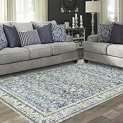 Blue Area Rug for Living Room 8x10 Washable Vintage