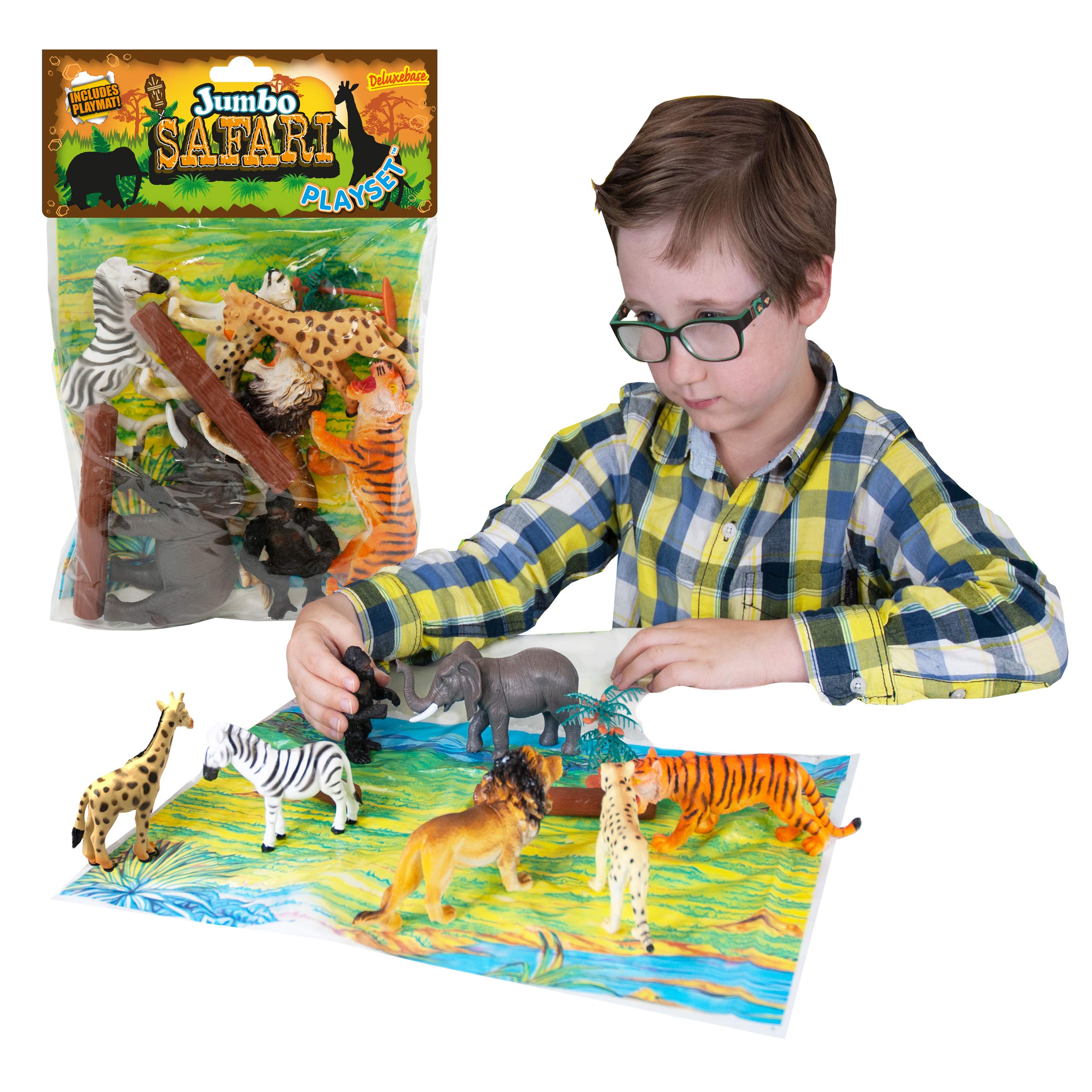 Deluxebase Jumbo Playset – Safari, 10-Piece Safari Animal Figurines Toy Set with Playmat for Kids, Great Animal Toys for Creative Play and Learning.