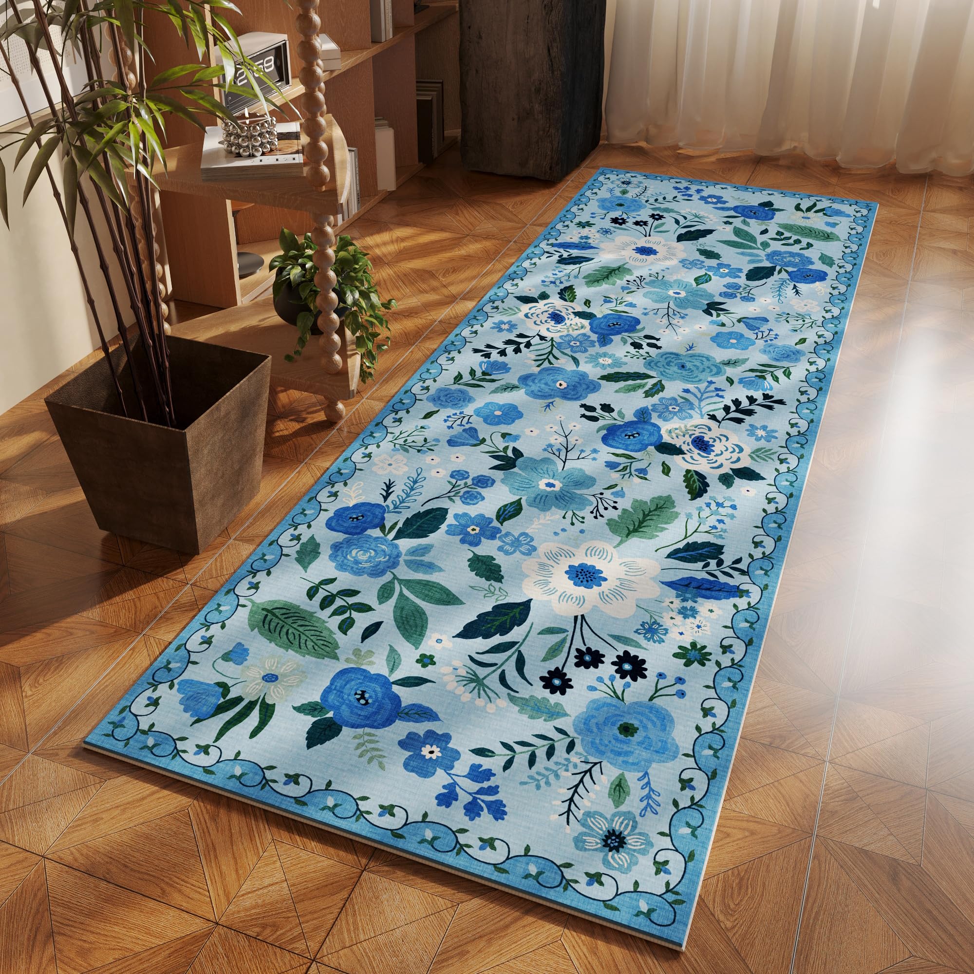 Rugcomf Runner Rug for Hallways Kitchen Rug Non Slip 2'6''x8' Washable Runner Rugs with Rubber Backing Soft Floral Carpet Runner for Hallways, Kitchen, Laundry, Bedroom, Bathroom(Blue) Image