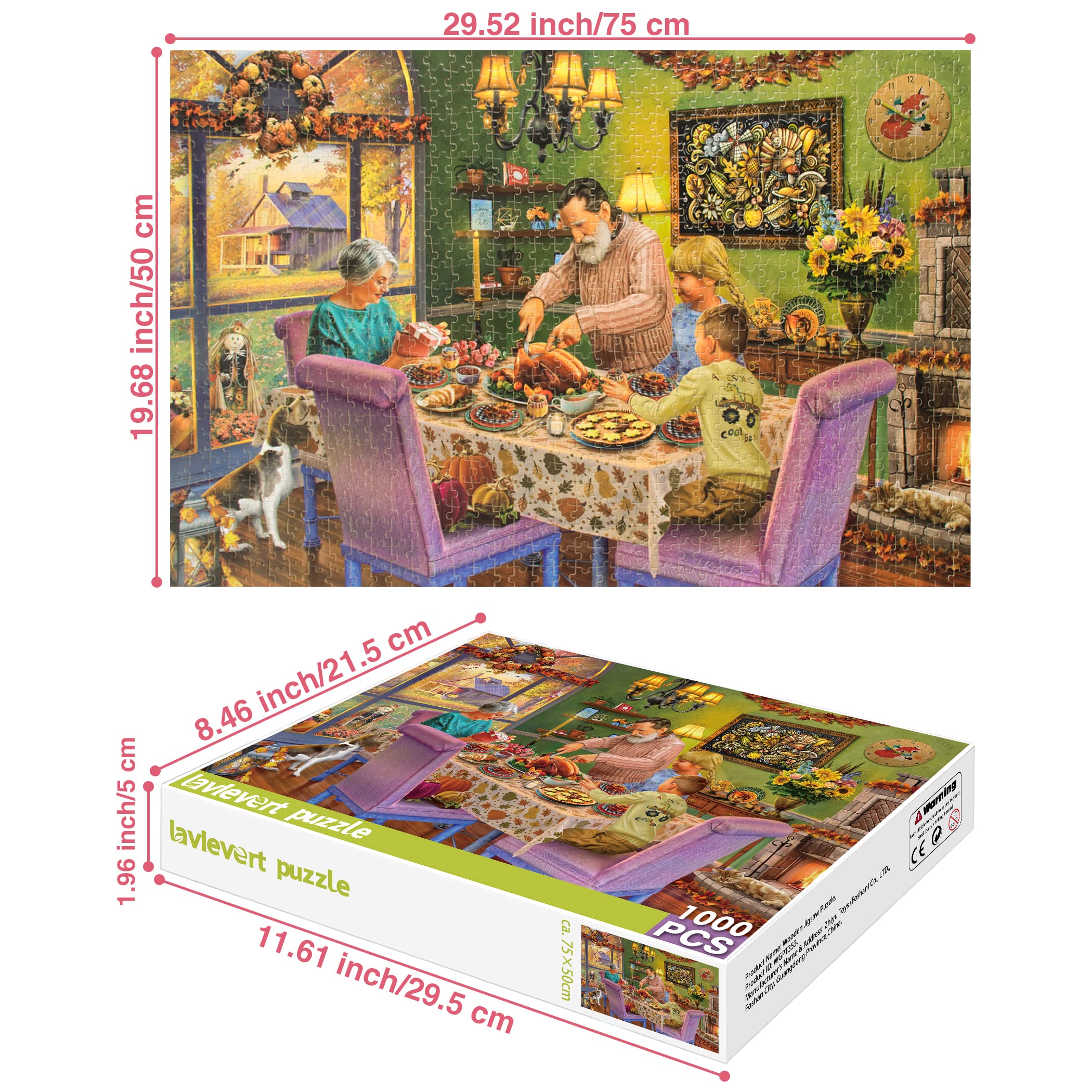 Lavievert Wooden Jigsaw Puzzle 1000 Piece Puzzle for Adults - Thanksgiving Dinner, Turkey, Pumpkin Pie