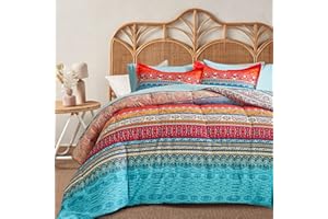 Flysheep Boho Striped Bed in a Bag 7 Pieces Queen Size, Colorful Bohemian Tribal Teal Blue Red Reversible Bed Comforter Set (