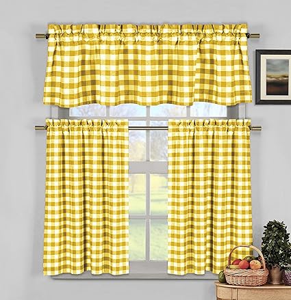 HOME MAISON - Kingston Checkered Kitchen Window Curtain Tier Valance Set, 2 29 x 36 | 1 58 x 15, Yellow & White