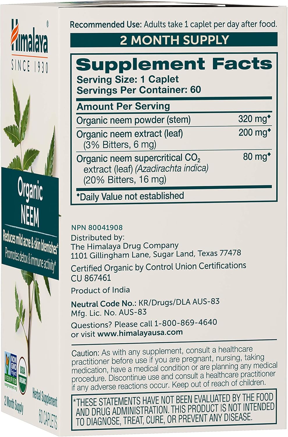 Himalaya Organic Neem, Mild Acne Relief for Clear, Smooth & Radiant Looking Skin, 600 mg, 60 Caplets, 4 Month Supply, 2 Pack: Health & Personal Care