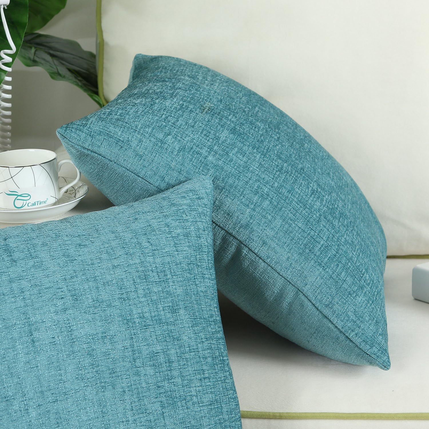 CaliTime Pack of 2 Cozy Throw Pillow Covers Cases for Couch Sofa Home Decoration Solid Dyed Soft Chenille 18 X 18 Inches Teal: Home & Kitchen