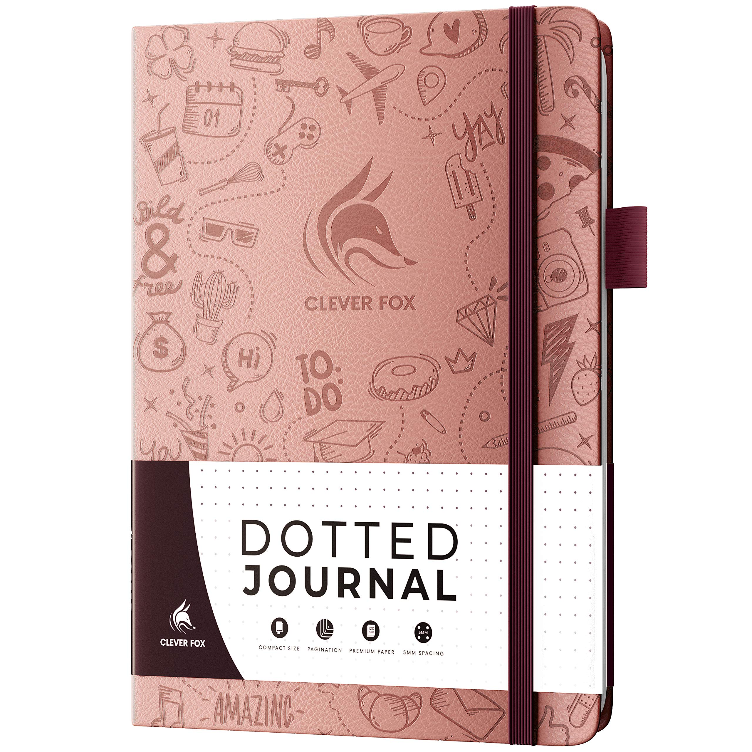 Clever Fox Dotted Journal 2.0 – Compact Planning and Sketching Dot Grid Notebook 120 GSM Thick, No-Bleed Paper – Planner with Pen Loop, Pocket, Ribbons, Stickers – A5 – Rose Gold
