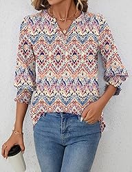 LOMON 3/4 Length Sleeve Floral Print Top with V