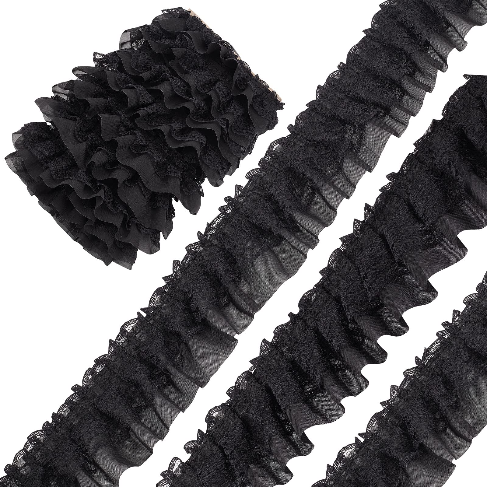 GORGECRAFT 10M Black Double-Layer Pleated Chiffon Lace Trim 5cm Wide 2-Layer Gathered Ruffle Trim Edging Tulle Trimmings Fabric Ribbon for Home DIY Sewing Crafts Costume Pillowcase Embellishments