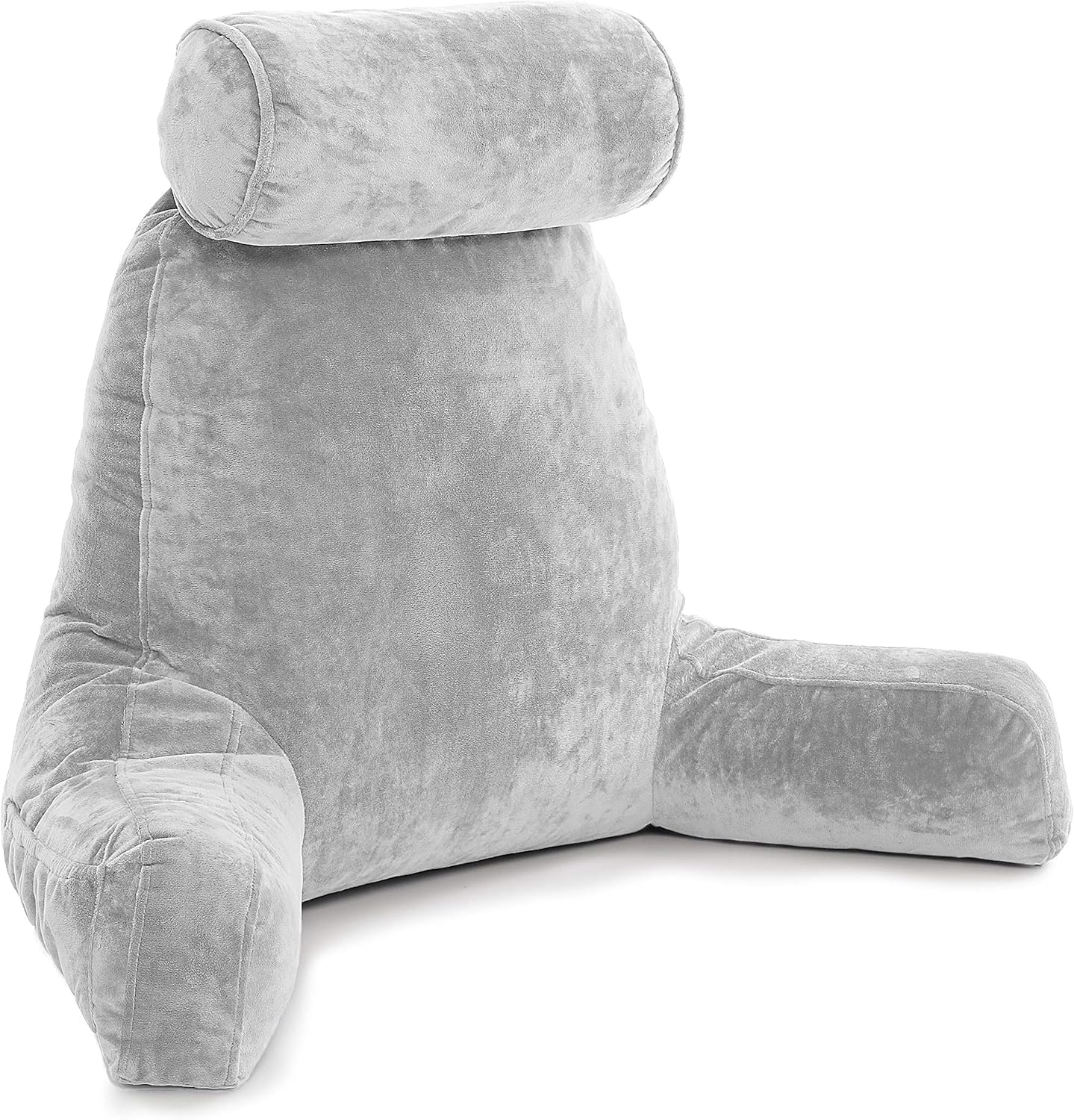 Husband Pillow - Light Grey, Big Backrest Reading Bed Rest Pillow with Arms, Plush Memory Foam Fill, Remove Neck Roll Off Bungee, Change Covers, Zipper On Shell of Bed Chair for Adjustable Loft: Home & Kitchen