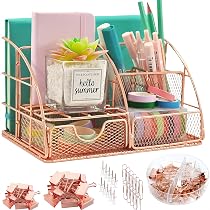 Organisateur Bureau Métal Catekro 28x18cm - Range Fournitures Avec Tiroir, Rose Doré