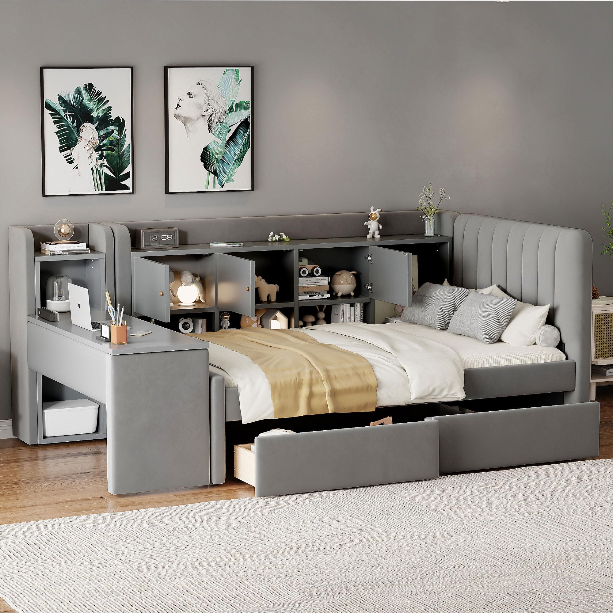 Photo 1 of *** BOX 3 ONLY ***Ball & Cast Twin Size Daybed with 2 Drawers,Velvet Upholstered Day Bed W/Storage Shelves and Flip Cabinets,L Shaped Corner Sofa Bed W/Side Table,No Box Spring Needed,for Apartment,Bedroom,Gray