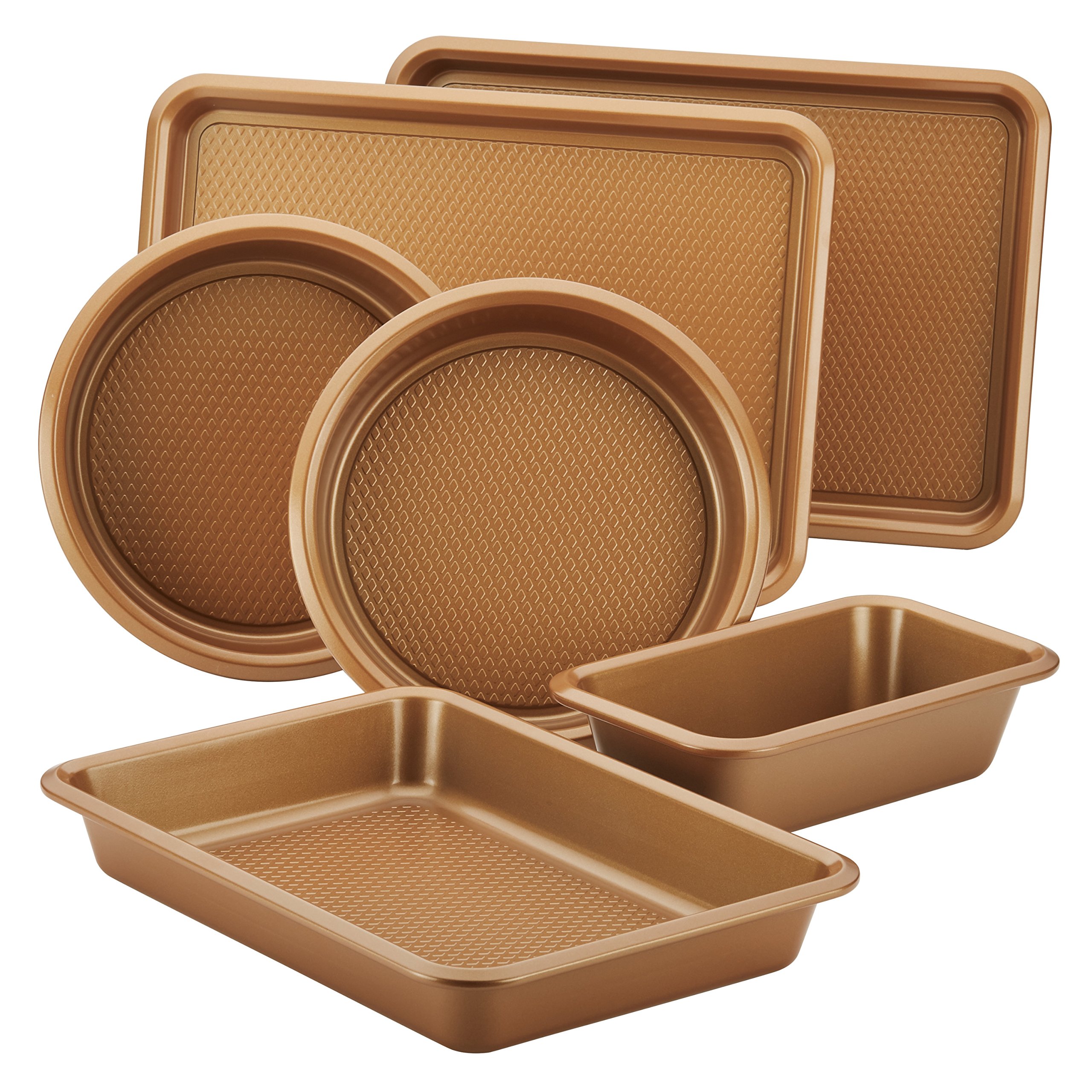 Ayesha Curry Nonstick Bakeware Set with Nonstick Cookie Sheet, Cake Pans, Baking Pan and Bread Pan - 6 Piece, Copper Brown
