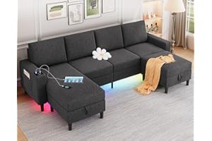 HYZQ U Shaped Sectional Couches for Living Room, 109" Linen Cloud Couch with Chaise Lounge/Storage Ottoman, 4 Seat Sectional Sofa with Smart Module-Wireless Charging/USB/Type-C/RGB Lights (Dark Grey)