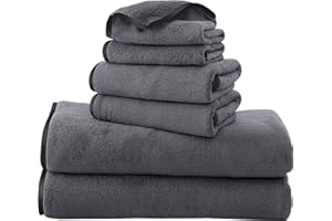 TENSTARS Luxury Silk Hemming Towel Set - Light Thin Quick Drying - 2 Bath Towels 2 Hand Towels 2 Washcloths - Ultra Soft Microfiber, for Bath Fitness, Sports, Yoga, Travel (Dark Grey 6 Pieces)