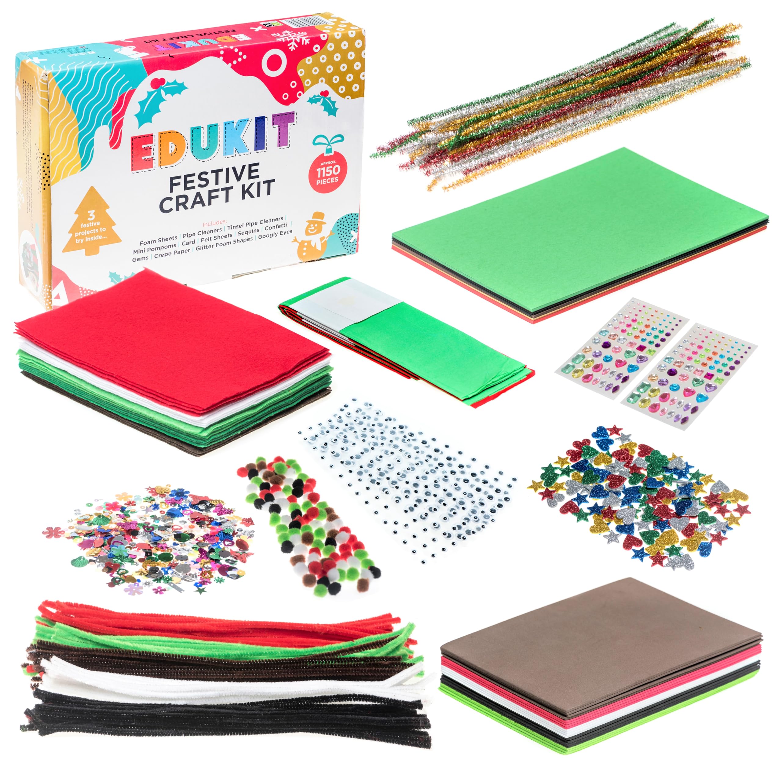 edukit Christmas Crafts for Kids 1,150 Pieces, Including Pipe Cleaners, Pompoms, Foam and Card Sheets, Self-Adhesive Googly Eyes and More – with 3 Festive Project Ideas to Try