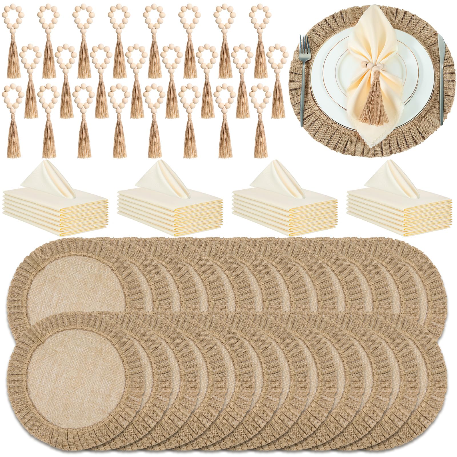 Photo 1 of Gejoy 72 Pcs Round Burlap Placemats Wood Bead Napkin Rings with Dinner Napkins Cloth, Jute Heat Resistant Placemats Boho Wooden Rings for Plates Wedding Dining Table