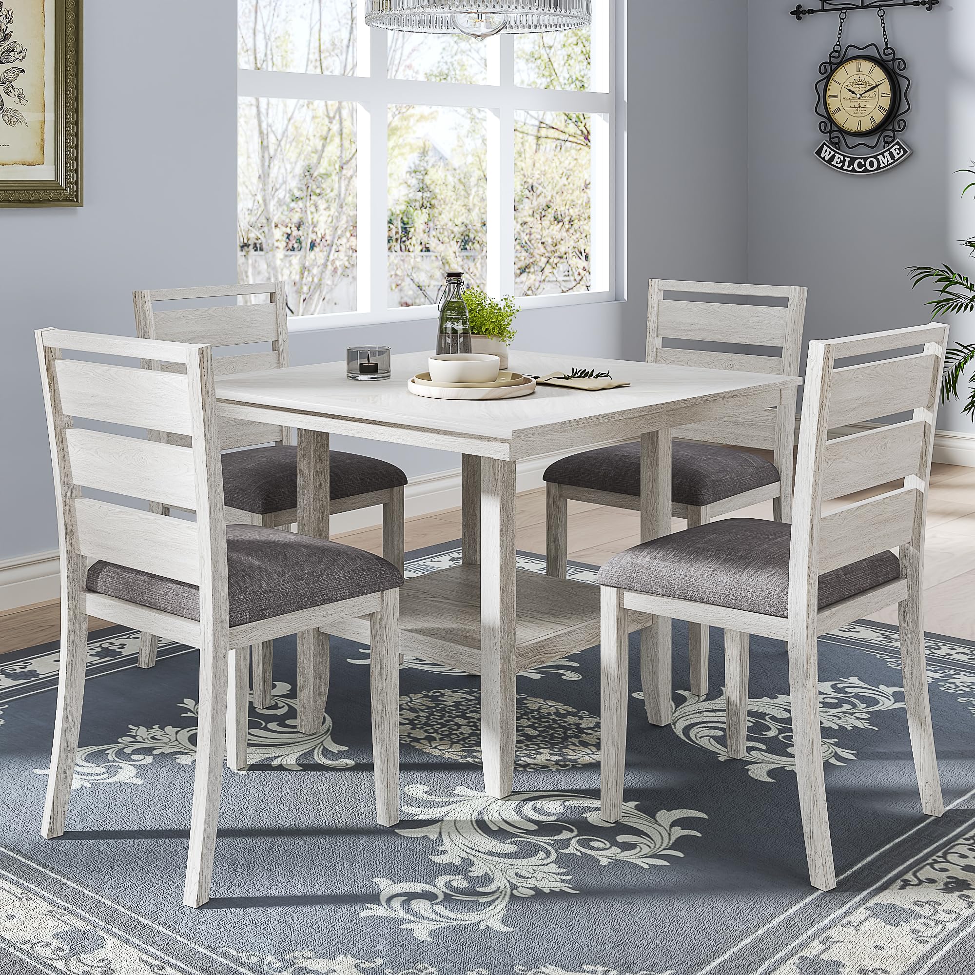Photo 1 of **TABLE ONLY. CRACKING IN CORNER**Peatuk 5-Piece Solid Wood Dining Table Set for 4, Modern Breakfast Dinette Kitchen Table with Bench & Chairs for Dining Room, Kitchen, Grey