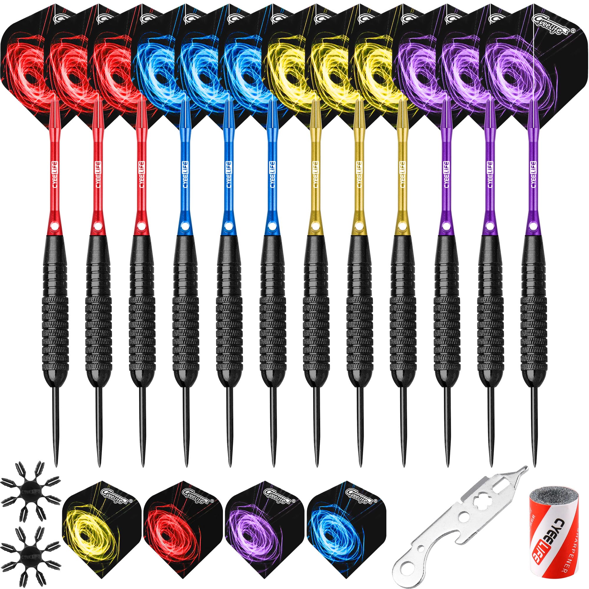 CyeeLife Steel tip Colorful Darts set 22g With Aluminium Shafts(4 Colors)+16 Protectors+16 Flights(4 Colors)+Sharpener+Tool,12 Packs(4 Sets) for 4 Beginners Home Darts