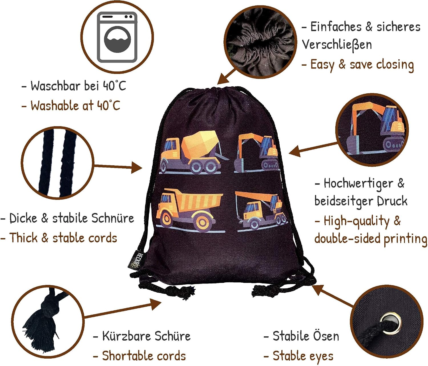HECKBO kids construction cars gym drawstring bag, 40x32cm, 12.6" x 15.8", Lightweight string bag - Image 4