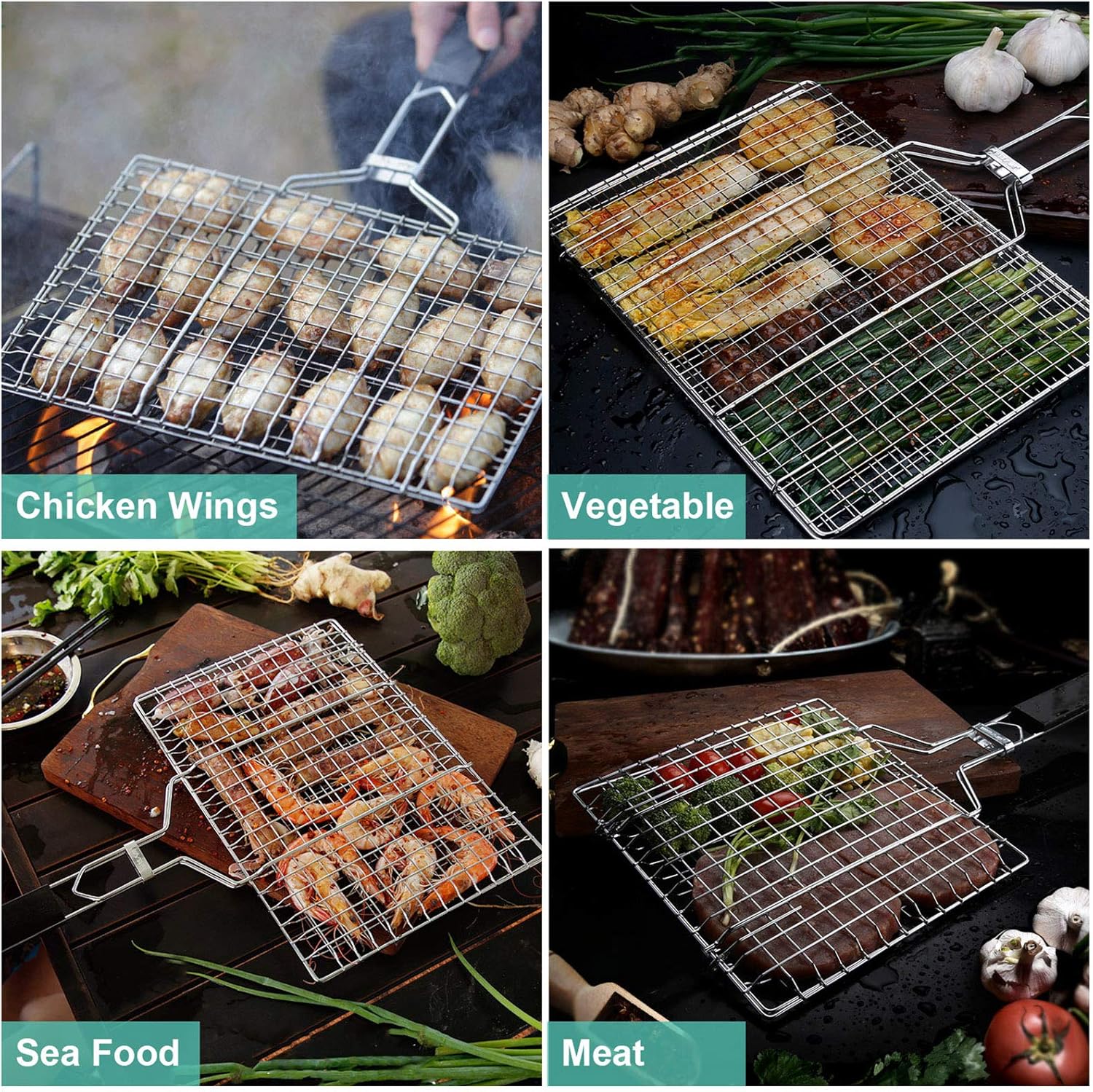 ACMETOP BBQ Grill Basket, Stainless Steel Grilling Basket with Removable Handle, Perfect for Grilling Vegetables, Fishes, Shrimp, Chops - Bonus an Grill Mat, Sauce Bottle Brush and Carrying Pouch : Garden & Outdoor