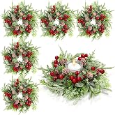 Lyrow 6 Pcs Christmas Candle Ring Wreath Small Kitchen Cabinet Table Decor | Mini Xmas Pillar Ring Holder, Artificial Berries Snowy Pine Chandelier, Home Dinning Table Centerpiece Holiday Indoor Decor