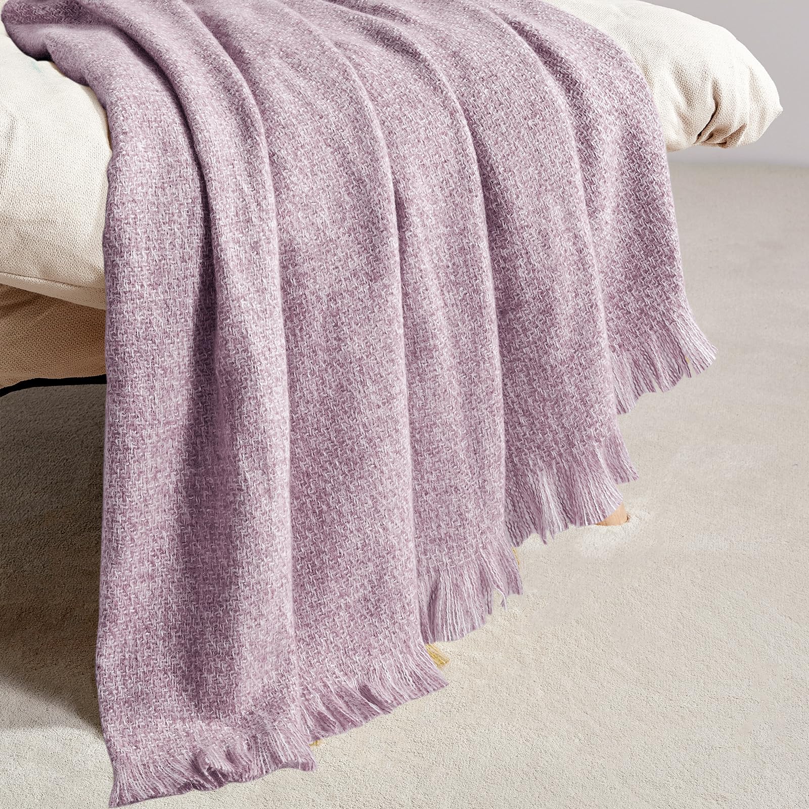 BOURINA Faux Cashmere Fringe Throw Blanket Decorative Lightweight Throw Soft Cozy for Bed or Sofa Outdoor Blanket, 127x178cm Purple