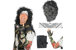 Watt's Wigs - 80s Hair Metal Rocker Costume Set - Glam Rock Band Black Curly Wig with Paisley Print Stretch Fabric Headband, Color Tattoo Sleeve, and Biker Glove - One Size Fits All (Black)