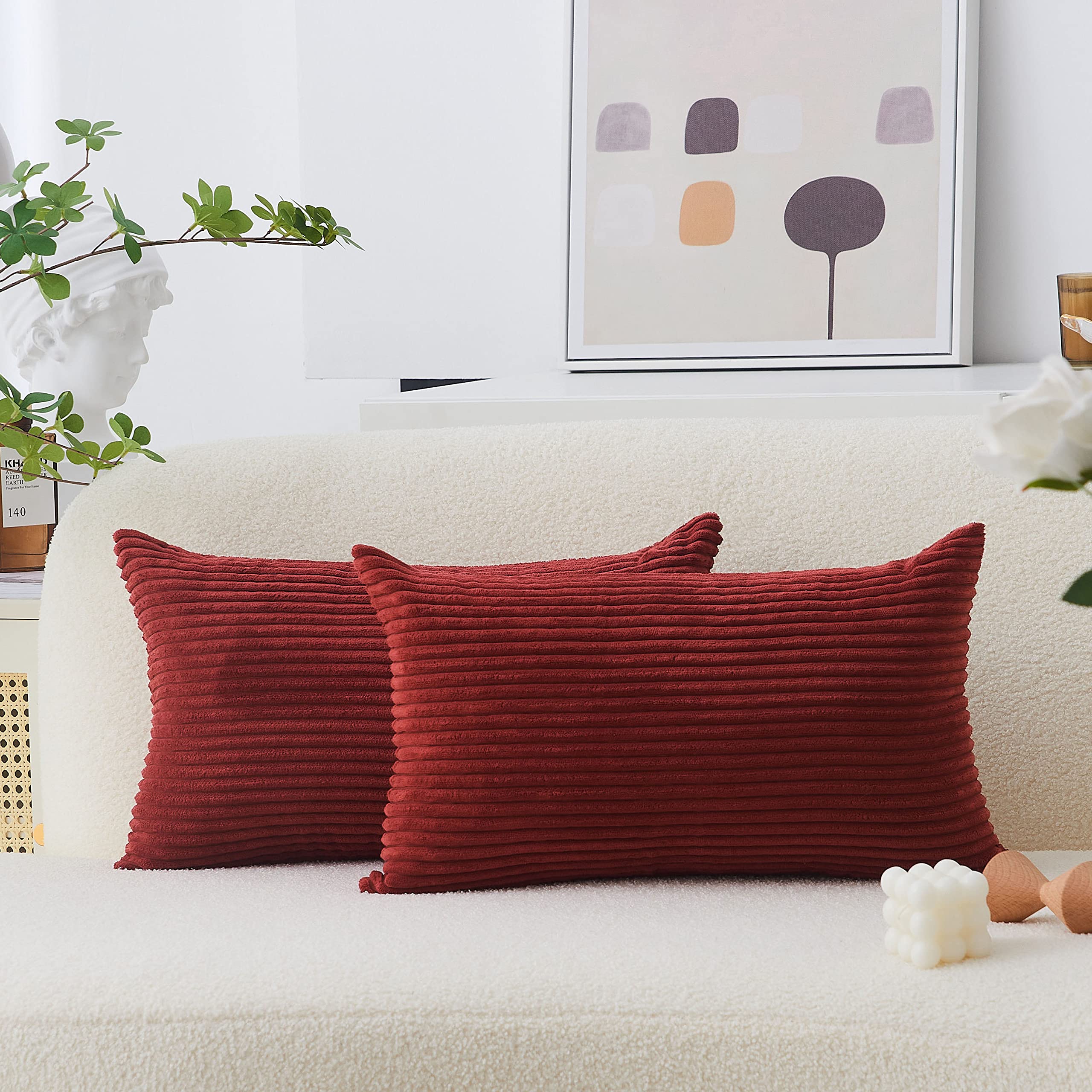 Photo 1 of Home Brilliant Lumbar Throw Pillow Covers 12x20 inch 2 Pack Solid Striped Corduroy Dark Red Rectangle Pillow Cover for Sofa Couch Wedding Decorations, 12 x 20 inch, Burgundy