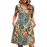 Womens Summer Casual Dresses Paisley Floral T Shirt Dress Short Sleeve Plus Size Sundress Swing Boho Dress with Pockets
