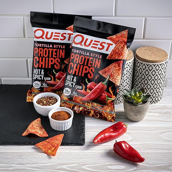 QUEST NUTRITION TORTILLA STYLE PROTEIN CHIPS, HOT & SPICY, 19G OF PROTEIN, 4G NET CARBS, GLUTEN FREE, 1.1 OUNCE (PACK OF 12)