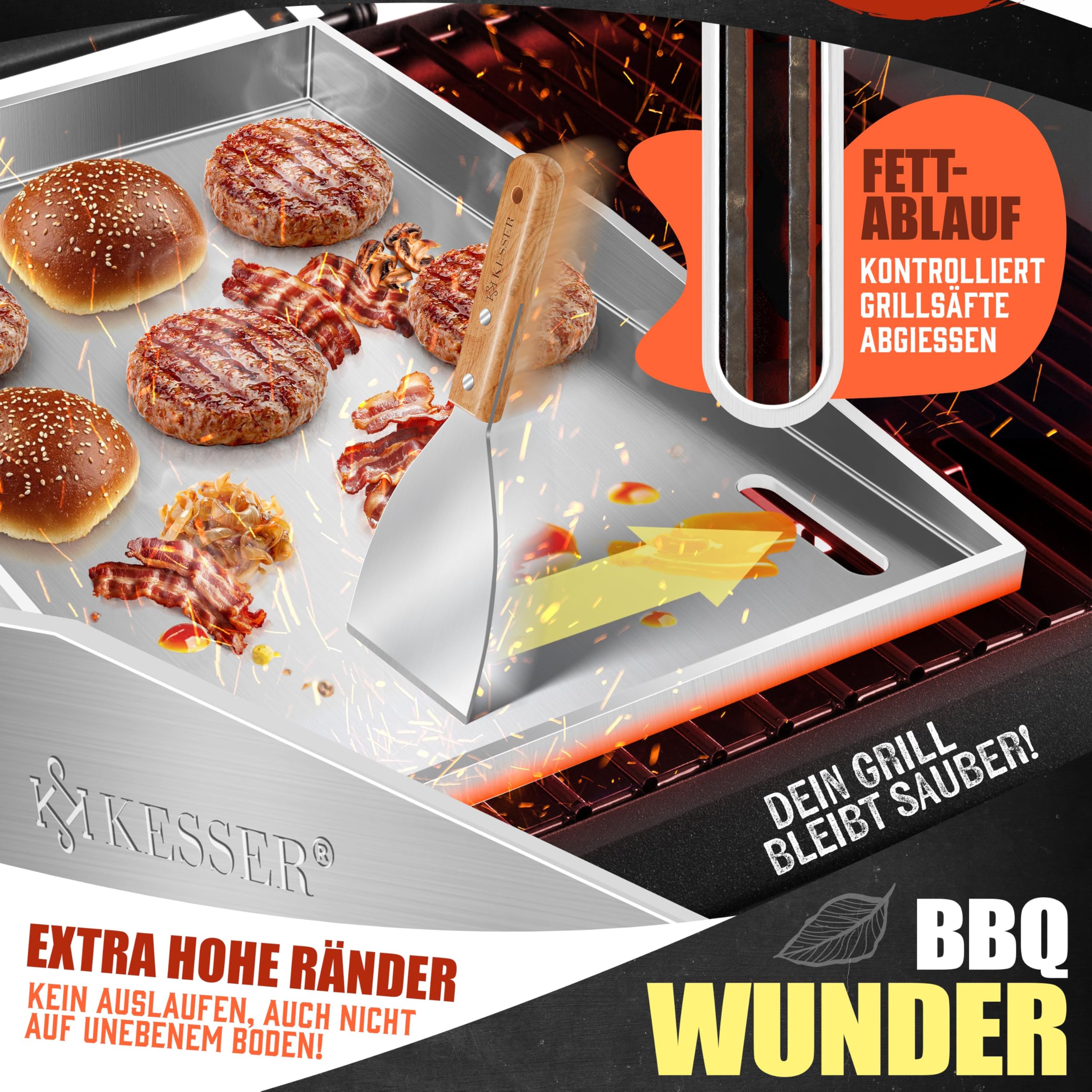 KESSER® Grillplatte Plancha aus Edelstahl 40x30cm rostfrei mit Fettablauf, hitzebeständig bis 800°C & Spülmaschinenfest für Gas & Holzkohlegrill inkl. 2 Spatel, Grillschürze, Grillmatte & Rezeptbuch 4