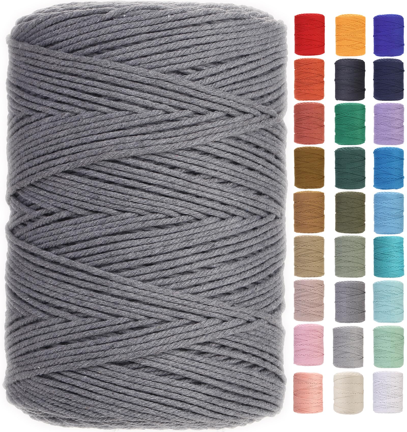 GOHOF Macrame Cord 3mm x 450m Premium Cotton Macrame Rope, 4 Strand Twisted Soft Cotton Cord, One of The Most Perfect Materials for Macrame Art, Cotton String Without Chemicals (Dark Grey) — image 1