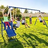 Sportspower Arcadia Metal Swing Set for Kids &ndash; Trapeze, 2-Person Glider, 5ft Slide, Anchor Kit, 6.1ft Durable Steel Frame &ndash; Outdoor Backyard Playset with 600 lbs Capacity