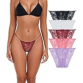ANLIQI Womens Sexy Lace String Bikini Underwear High Cut Panties Breathable Hipster Panties Lace Cheeky Bikini Panty 5 Pack