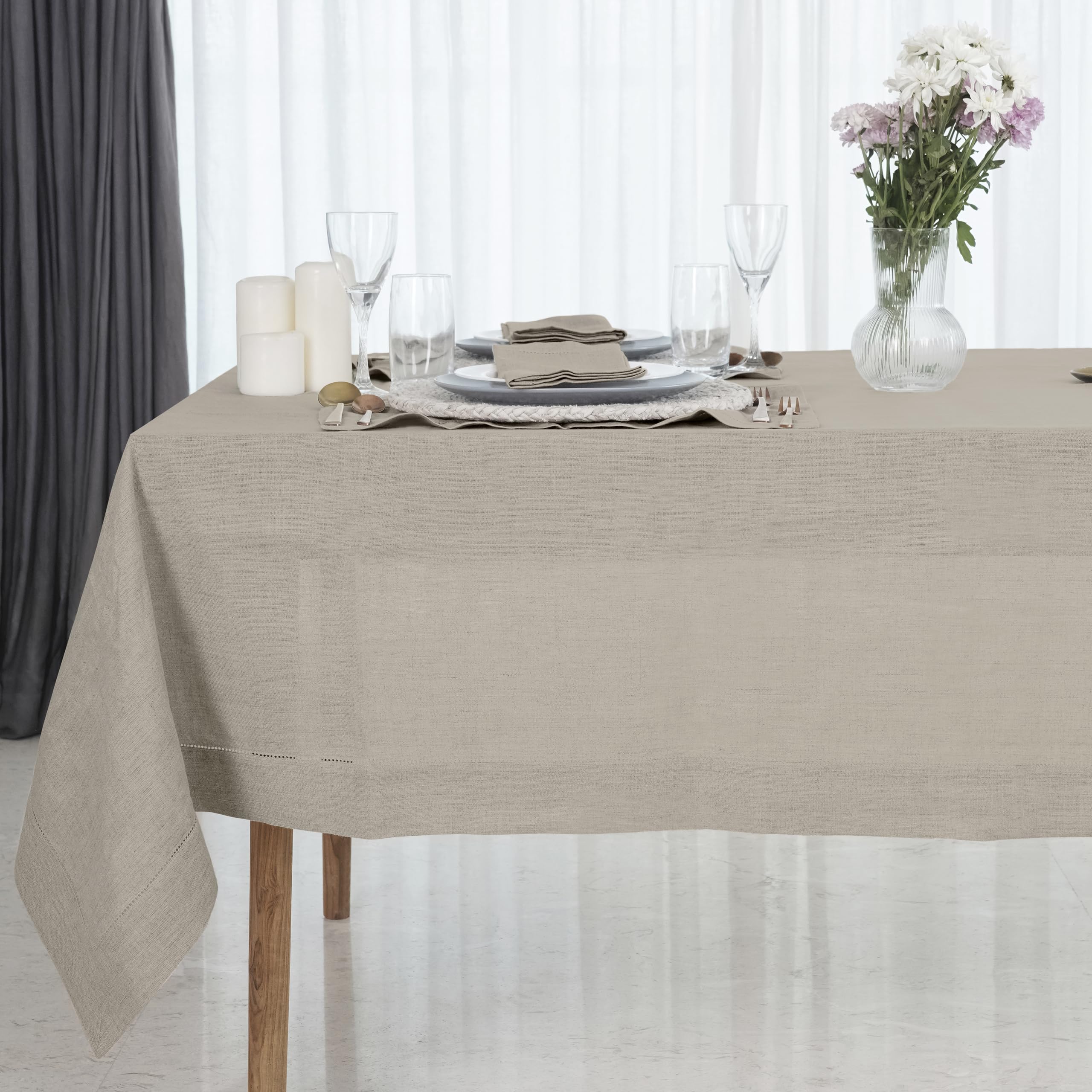 D'Moksha Homes Natural Tablecloth 152 x 274 cm - 100% Pure Linen Rectangular Tablecloth - Classic Hemstitch Table Cloth for Dining, Spring