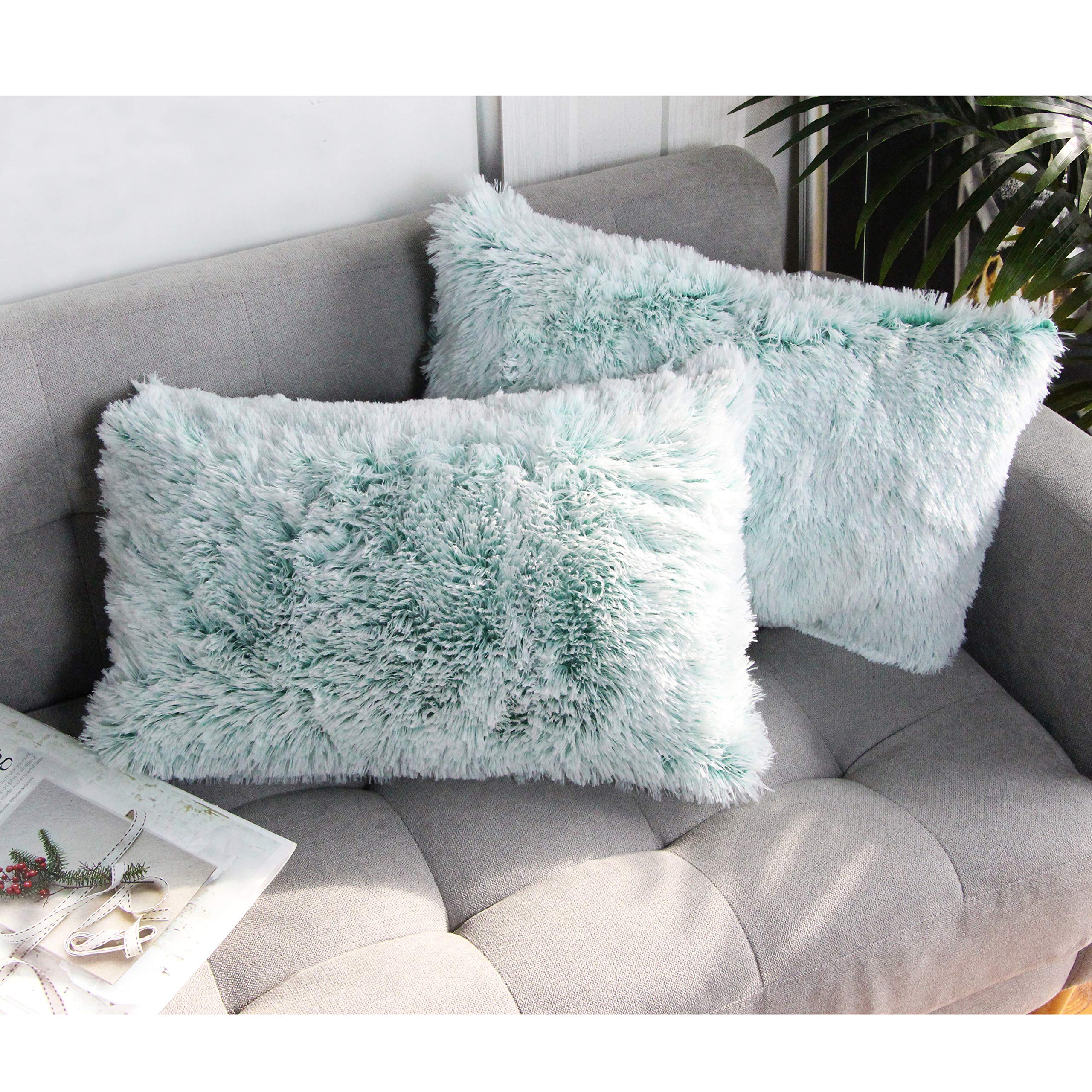 Uhomy 2 Packs Fluffy Plush Pillow Cover 12"x20", Luxury Green Ombre Soft Fluffy Faux Fur Throw Pillow Cover Cushion Case for Sofa Bed, Green Ombre 30x50 cm, Fall Winter Home Decorative