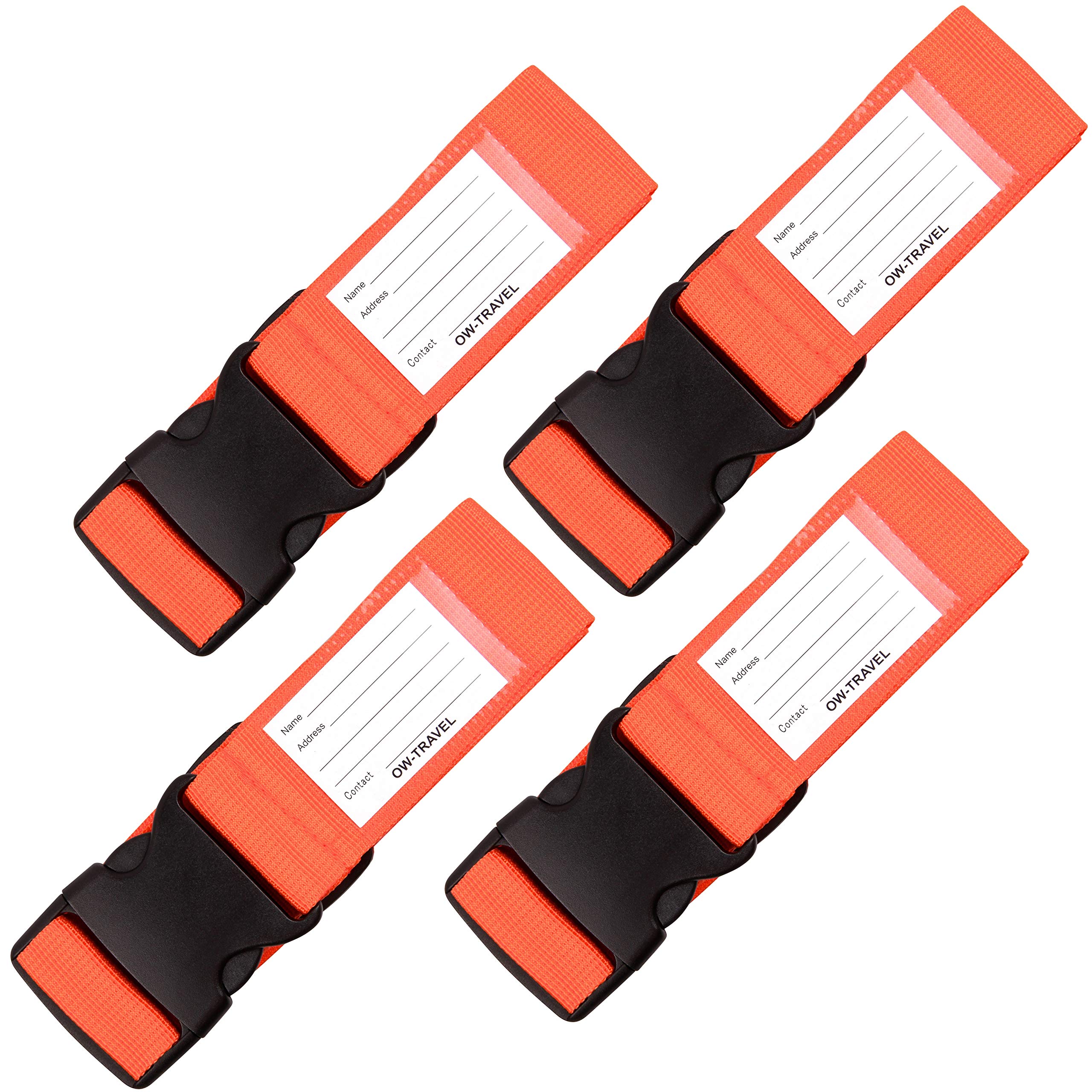 OW-Travel Personalised Luggage Straps for Suitcases (4 Pack Orange) Easy to Spot Suitcase Straps with Address labels. Case Strap Suitcase Strap Luggage Belt for Bags Baggage with Name Card ID Slot