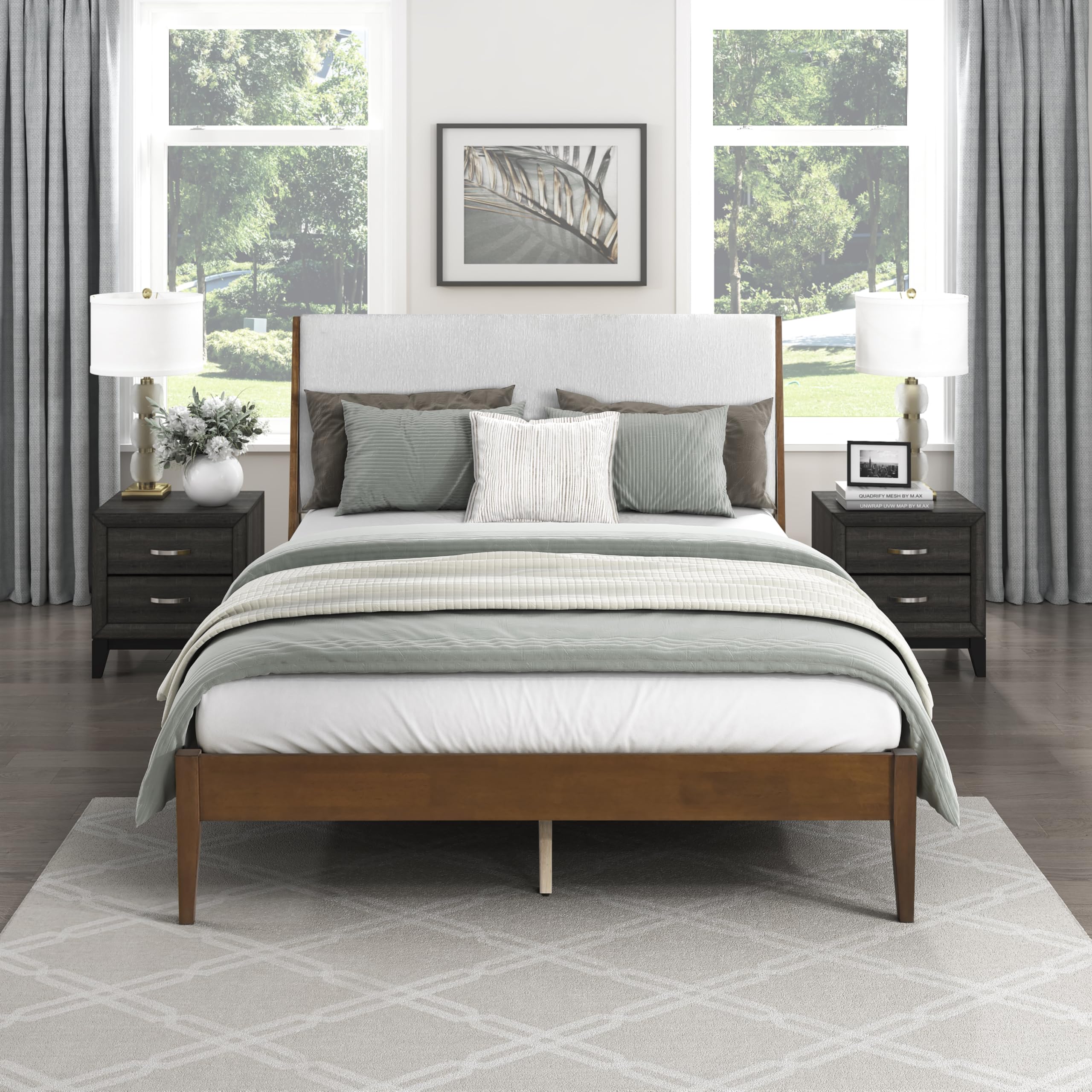 Photo 1 of **PARTS ONJLY*** Lexicon California King Bed Frame with Light Grey Chenille Headboard, Mid Century Modern Bed Frame, Wood Platform Bed with Slats, No Box Spring Needed, Easy Assembly