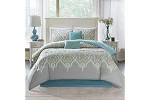 Comfort Spaces Cozy Comforter Set-Modern Classic Design All Season Down Alternative Bedding, Matching Shams, Bedskirt, Decorative Pillows, Queen, Mona Paisley Grey/Teal 6 Piece