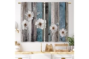 Laifzere Teal Farmhouse Daisy Kitchen Curtains Wooden Flower Turquoise Small Short Cafe Window Curtains Rustic Floral Butterfly Country Bathroom Drapes Treatment Tier Curtains 2 Panels (27.5x39 Inch)