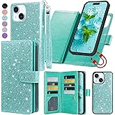 Varikke for iPhone 14 Plus Wallet Case Detachable with Card Holder for Women, Fashion Glitter PU Leather Strap Strong Magnetic Flip Wallet Removable Phone Case Cover for iPhone 14 Plus 6.7", Mint