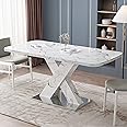 Lasadelgar Expandable Dining Table for 4, Extendable 47-63 Inch Modern White Faux Marble Dining Room Table with MDF Table Top X-Shape Table Leg Metal Base