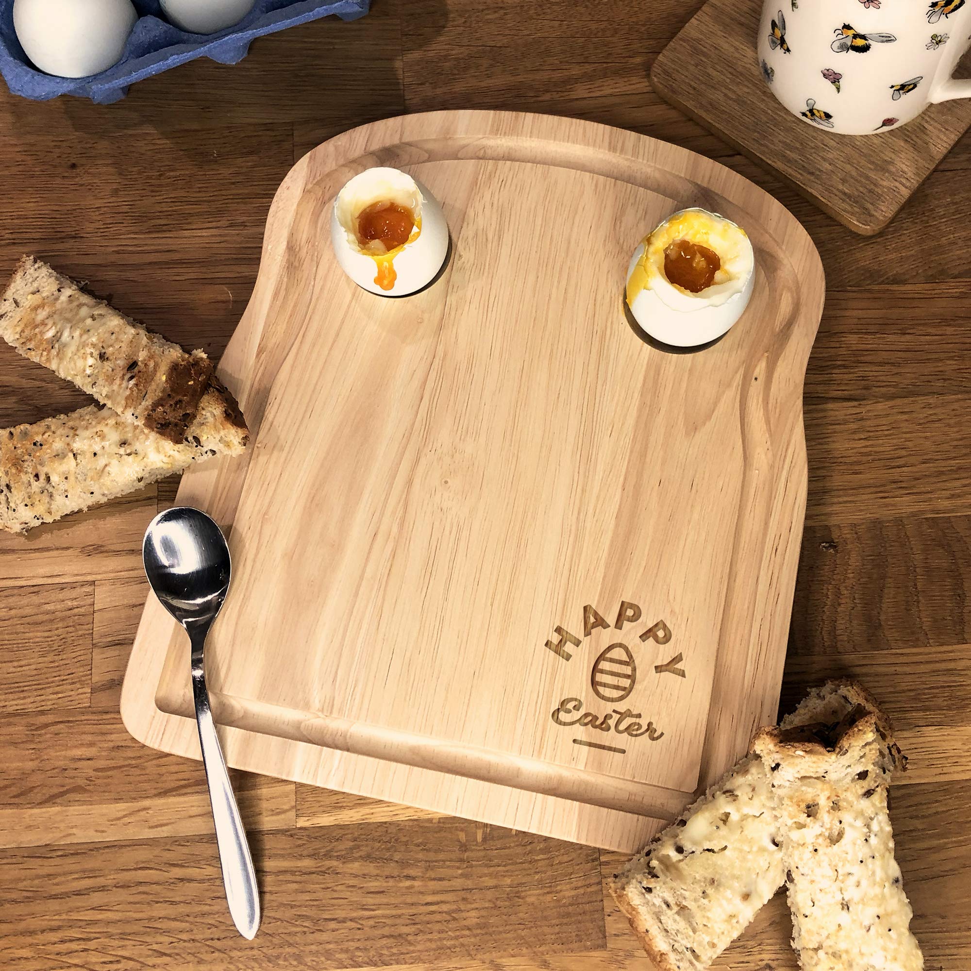 eBuyGB Happy Easter Breakfast Board, Wooden Toast Shaped Serving Board for Egg & Soldiers, Dippy Eggs and Toast, Easter Egg Cup, Easter Gift for Kids, Children,Brown